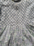 Cotton dress with ballon sleeves, generous widths, 3 panels. Block printed. Side pockets